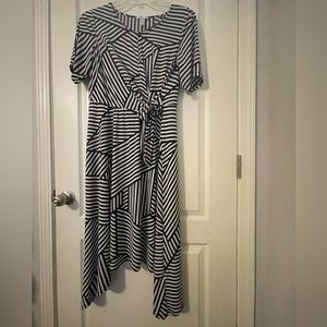 London Times side tie asymmetrical hem stripe midi dress.